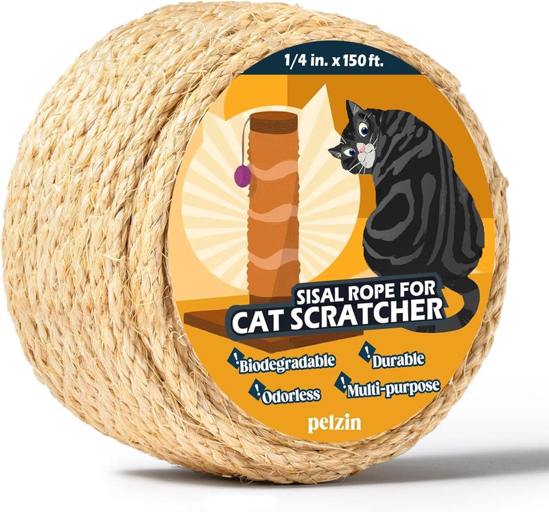 PELZIN Natural Sisal Rope for Cat Scratcher 1/4 Inch by 150 Feet, Cat Tree Rope Twine for Cat Scratching Post Replacement, Cat Tower with Scratch Post Repairing, Replace, Recovering and DIY, Natural - Image 1